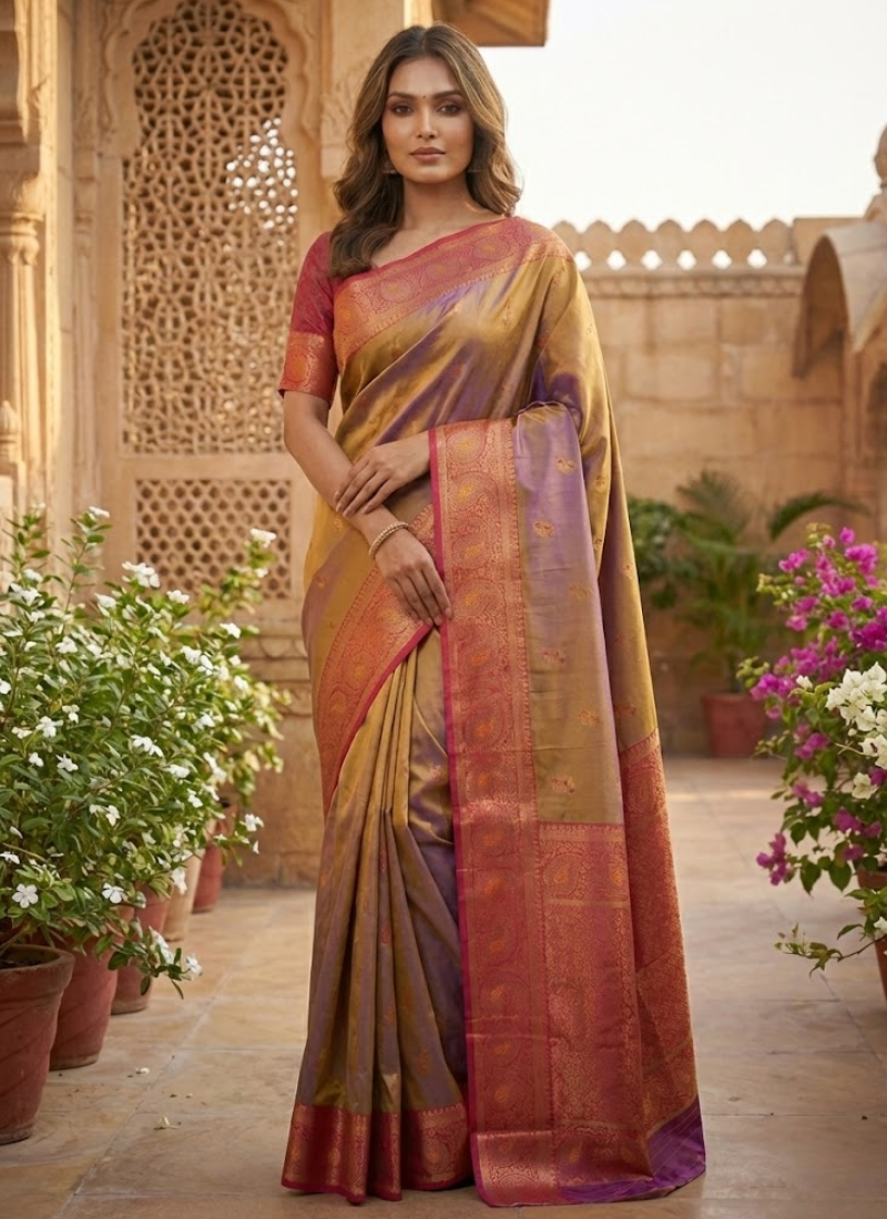 Bronze Gold Katan Silk Saree – Dual Tone