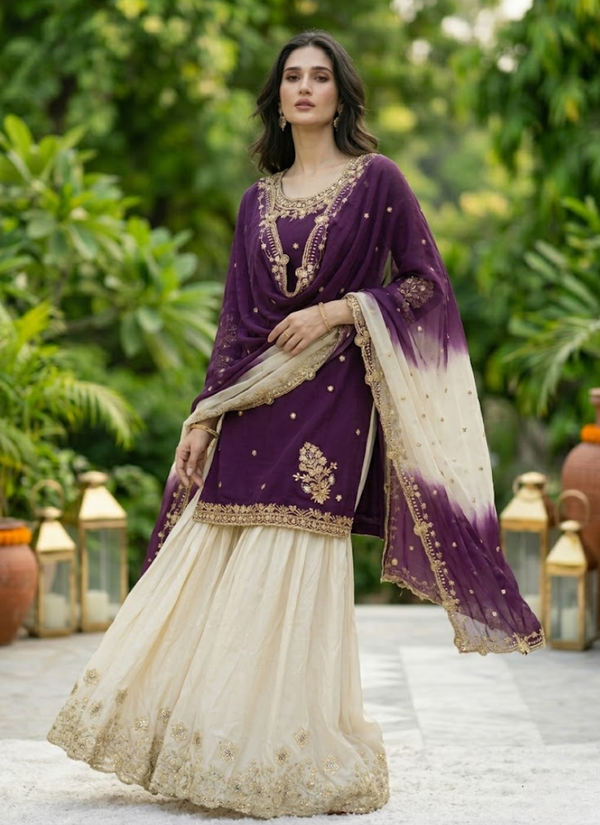 French Crepe Salwar Suit with Organza Dupatta