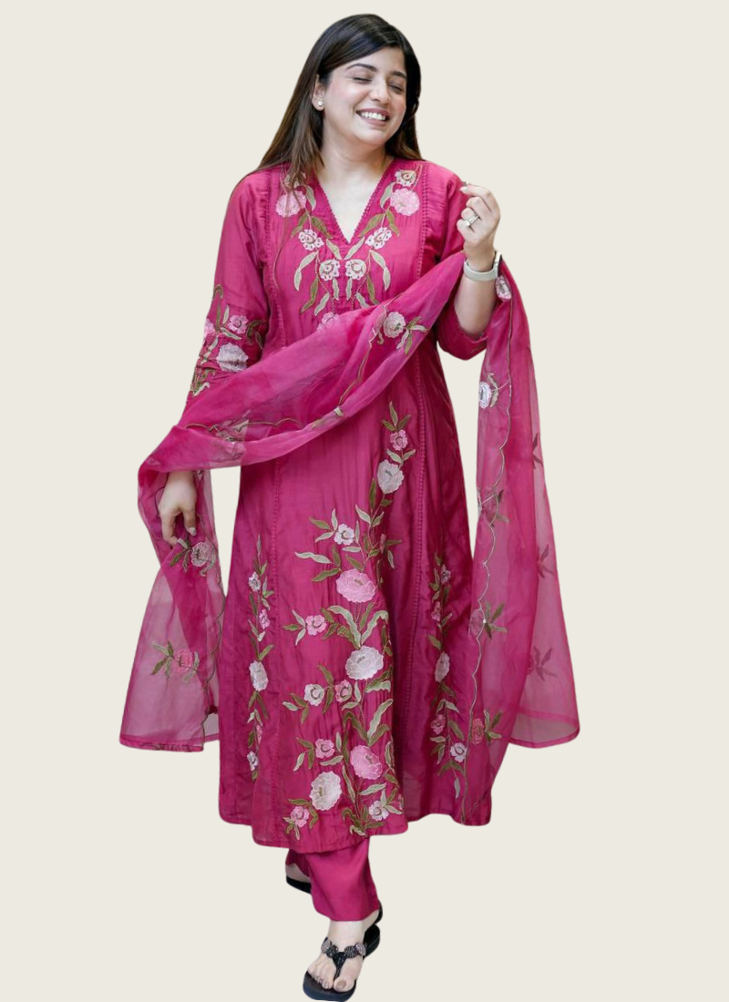 Pink Anarkali Suit in Pure Chanderi Silk with Embroidery + Organza Dupatta
