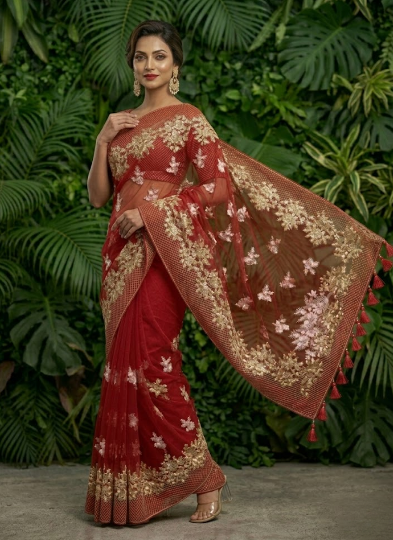 Pure Maslin Saree with Embroidery &amp; Matching Blouse Piece