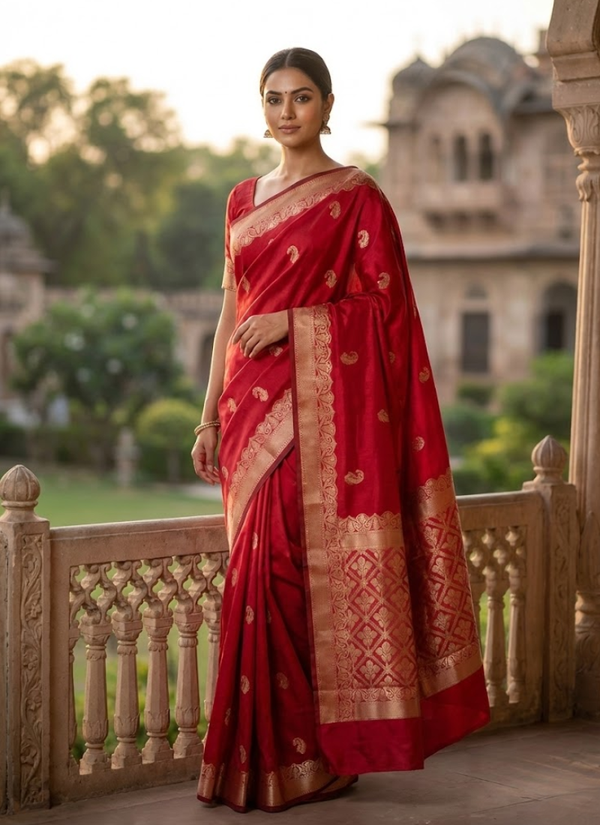 Red Banarasi Katan Silk Saree – Zari Work with Blouse Piece