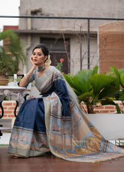 Tussar Print Silk Saree with Zari Border & Warli Pallu + Blouse Piece 4