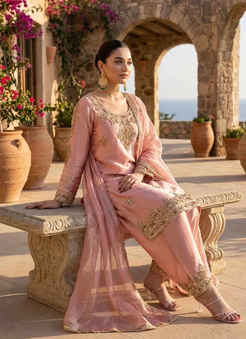 Natural Silk Palazzo Suit with Sequins & Pearl Moti Hand Work + Dupatta