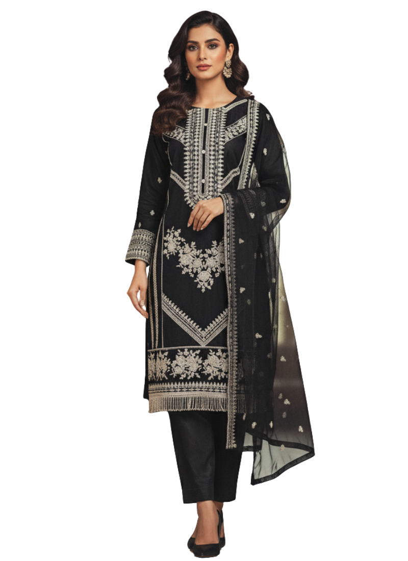 Black Pakistani Salwar Suit – Organza with Embroidery & Cotton Pajama