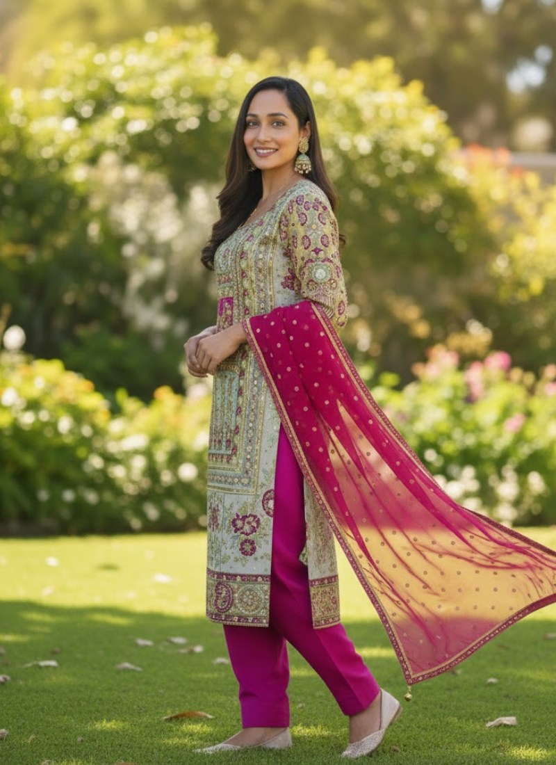 Pakistani Kameez in Chinnon silk with hand embroidery