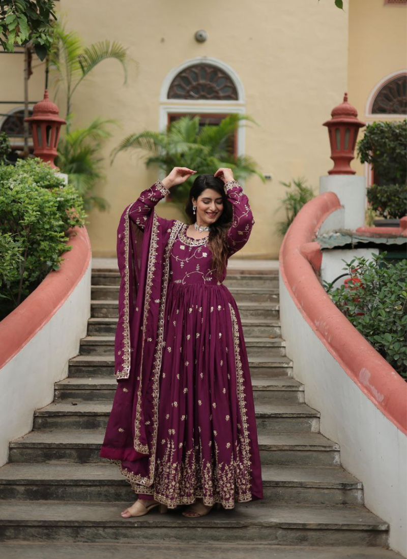 Rama Anarkali Gown in Chinon with Sequins Embroidery + Sharara & Dupatta