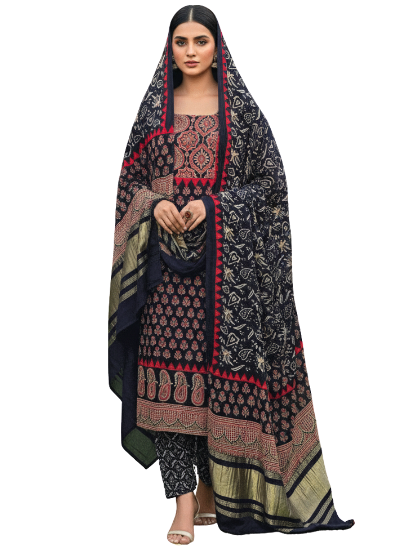 Green Ajrak Salwar Suit – Pure Modal Fabric with Jari Border Dupatta