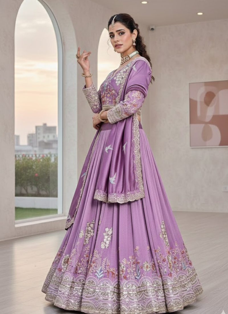 Pure Vichitra Embroidered Lehenga Choli Set
