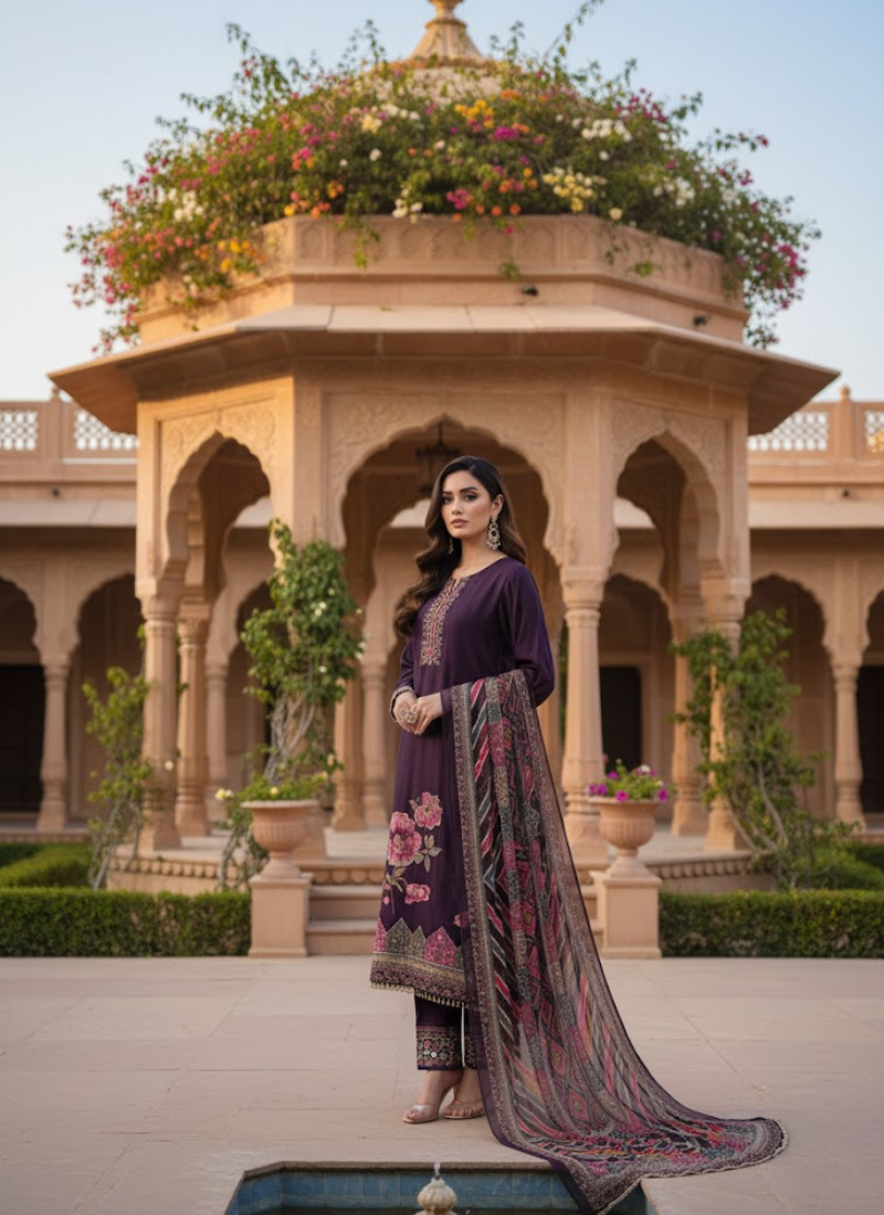 Silk Salwar Suit – Hand Embroidery with Chiffon Dupatta