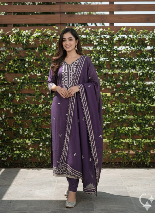 Dark Purple Shimary Silk Salwar Suit with Mirror Work