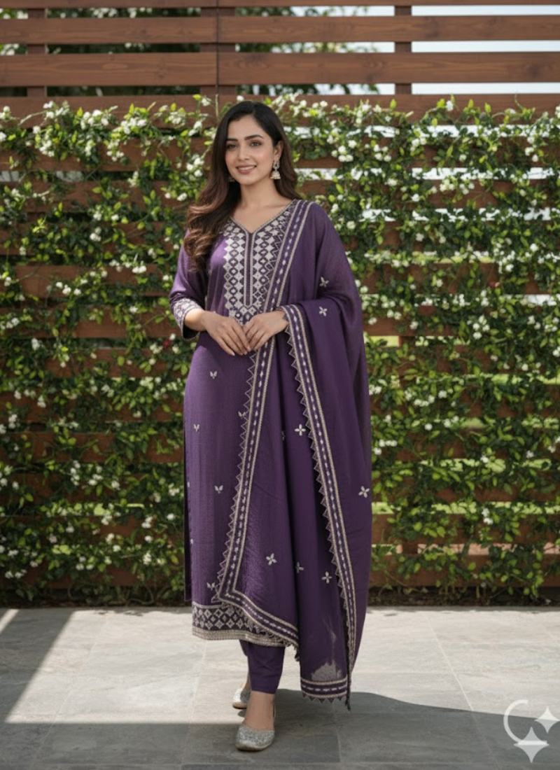 Dark Purple Shimary Silk Salwar Suit with Mirror Work - View 1