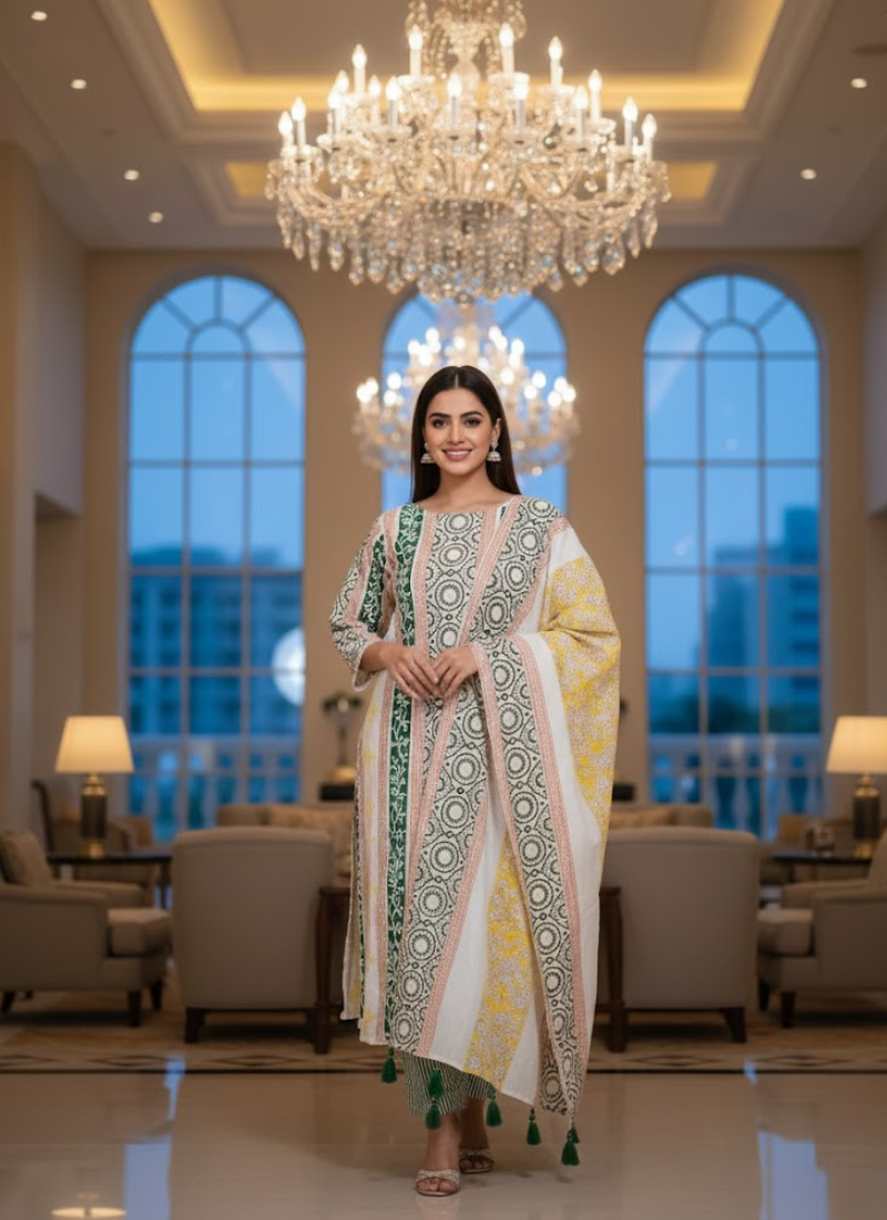 Cotton Block Printed Salwar Suit – White, Yellow & Green