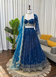 Royal Blue Faux Georgette Lehenga Choli with Thread & Sequins Embroidery + Net Dupatta 5