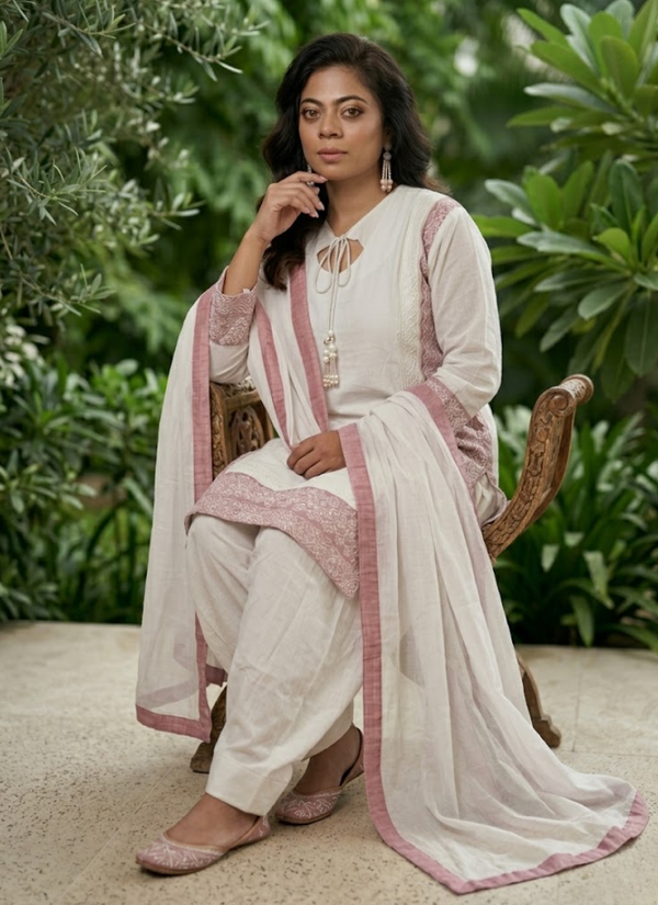 White Farshi Salwar Suit with Embroidery