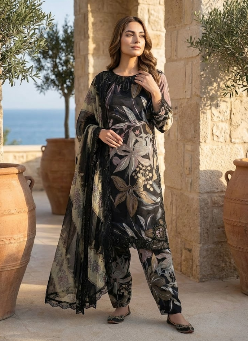 Luxury salwar kameez suit with lawn cotton kameez and salwar, chiffon dupatta, and festive embroidery