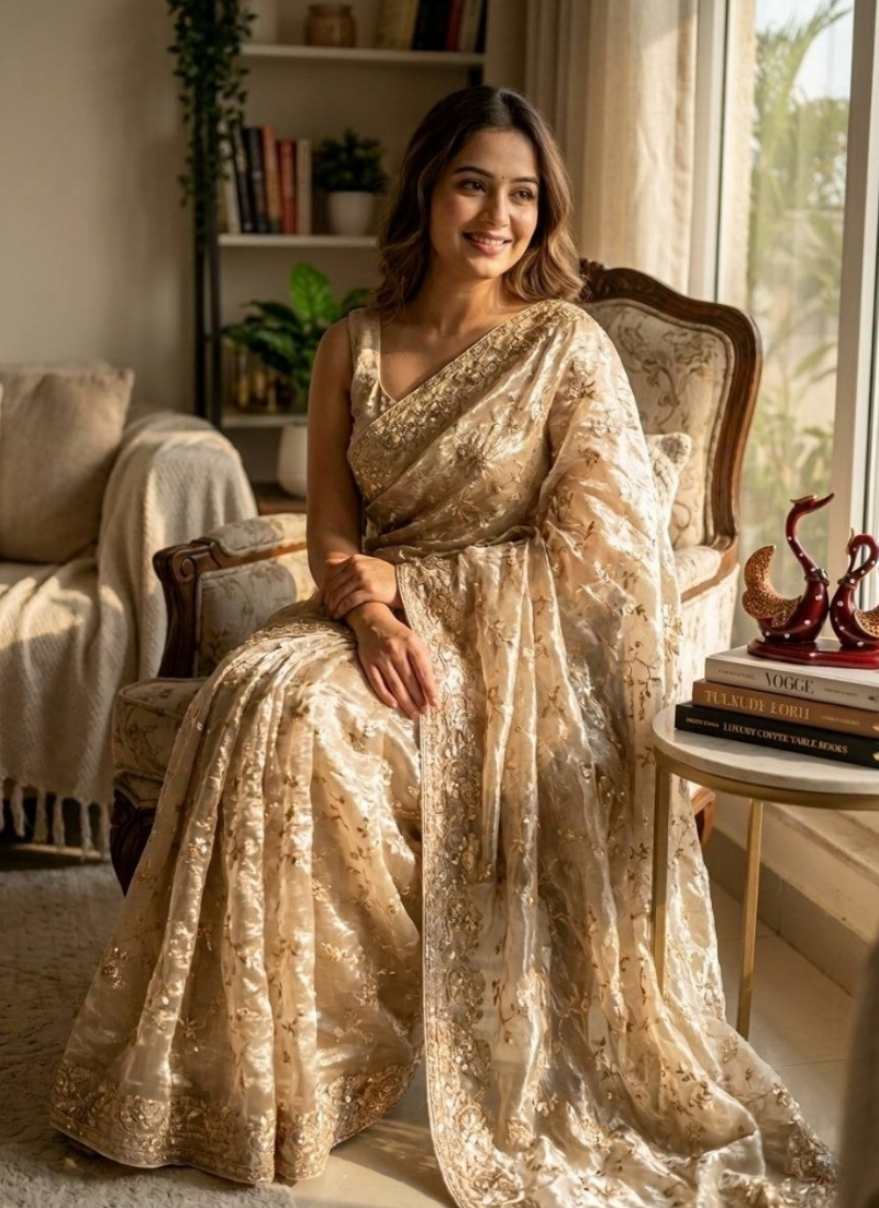 Space Silk Saree – Sequin & Zari Embroidery with Matching Blouse