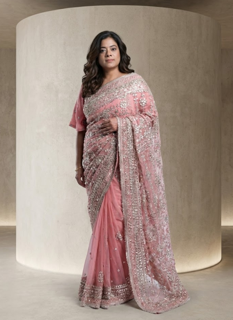 Pink Gotapatti Saree with Handmade Embroidery + Stitched Blouse & Petticoat