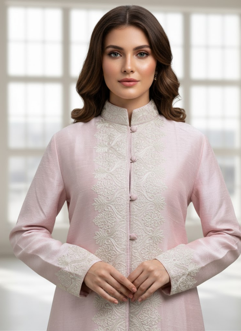 Light Pink Winter Kashmiri Long Coat for Women – Silk with Embroidery