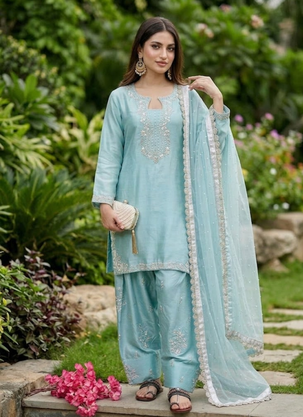 Roman Silk Palazzo Set with Organza Dupatta