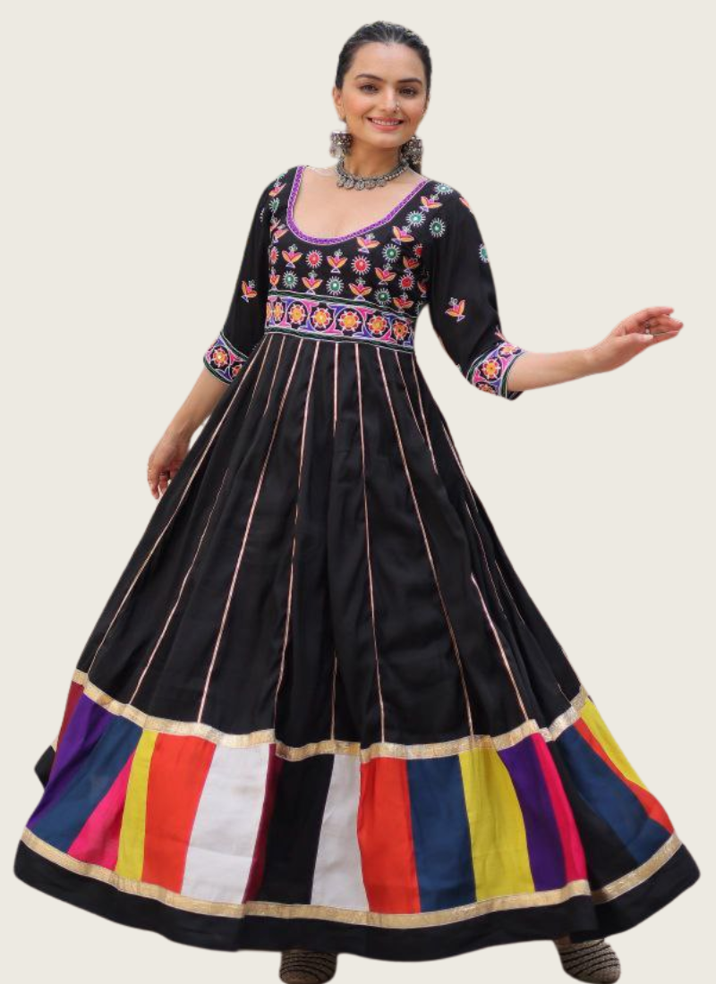 Roman Fabric Anarkali Dress with Multicolour Thread & Gota Lace Work | Gleemiumfashion best online shop