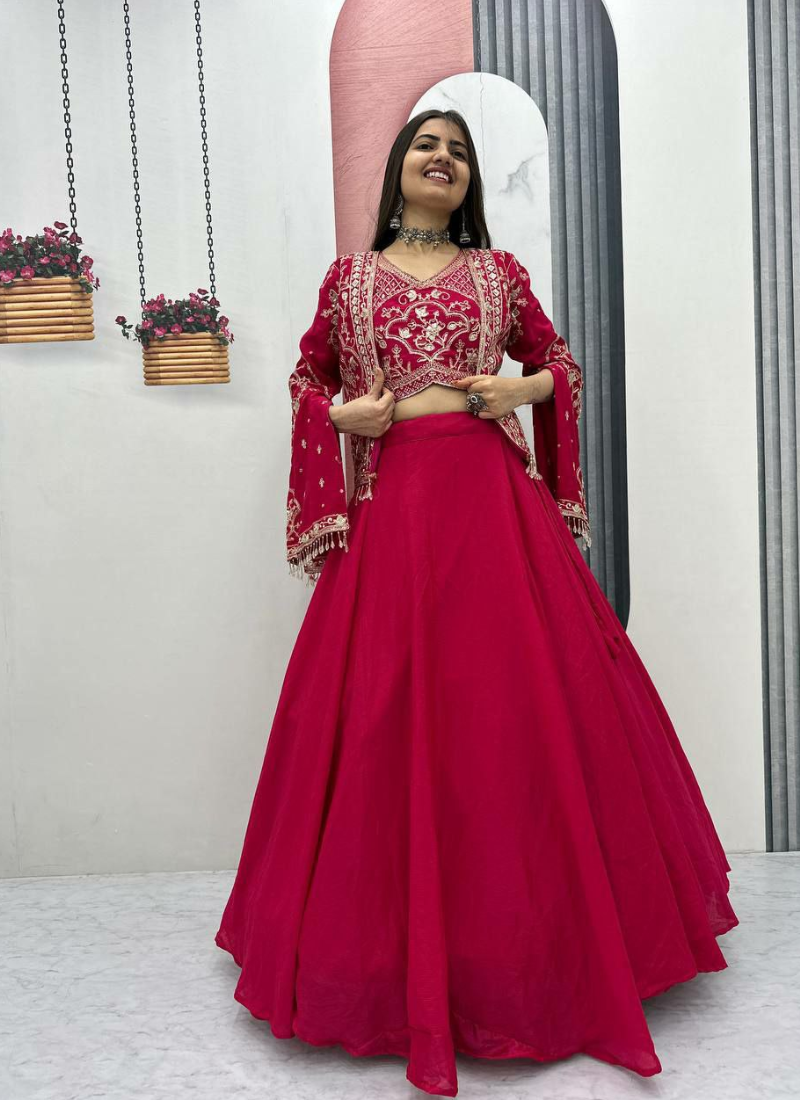 Chinon Lehenga Choli with Sequin Embroidered Jacket - View 1