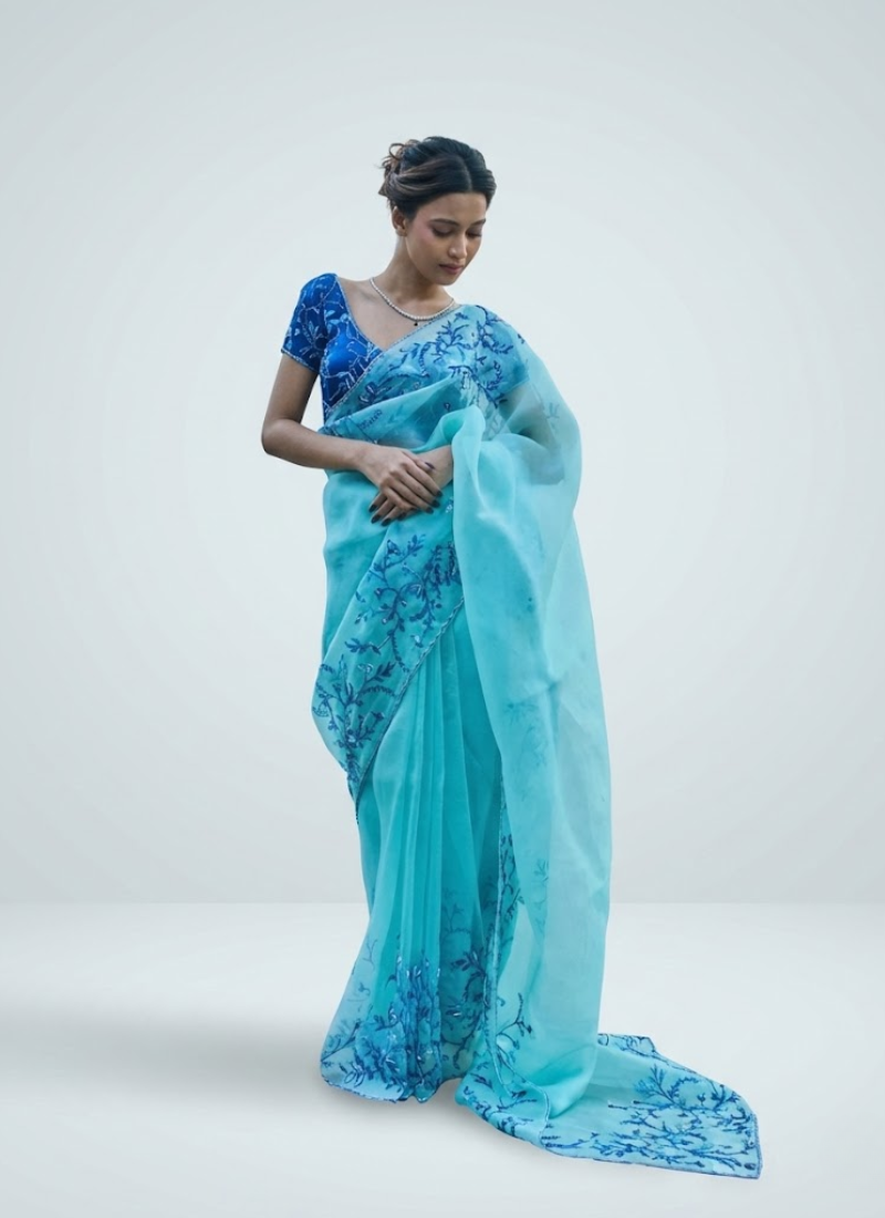 Aqua Blue Silk Saree with Floral Print, Beads & Katdana Handwork + Blouse Piece