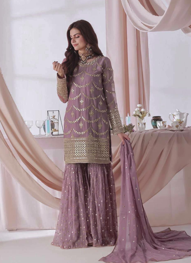 Faux Georgette Sharara Suit with Sequins Embroidery + Dupatta