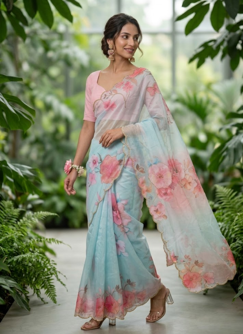 Pastel Maslin Saree with Pipe Sequins Hand Work