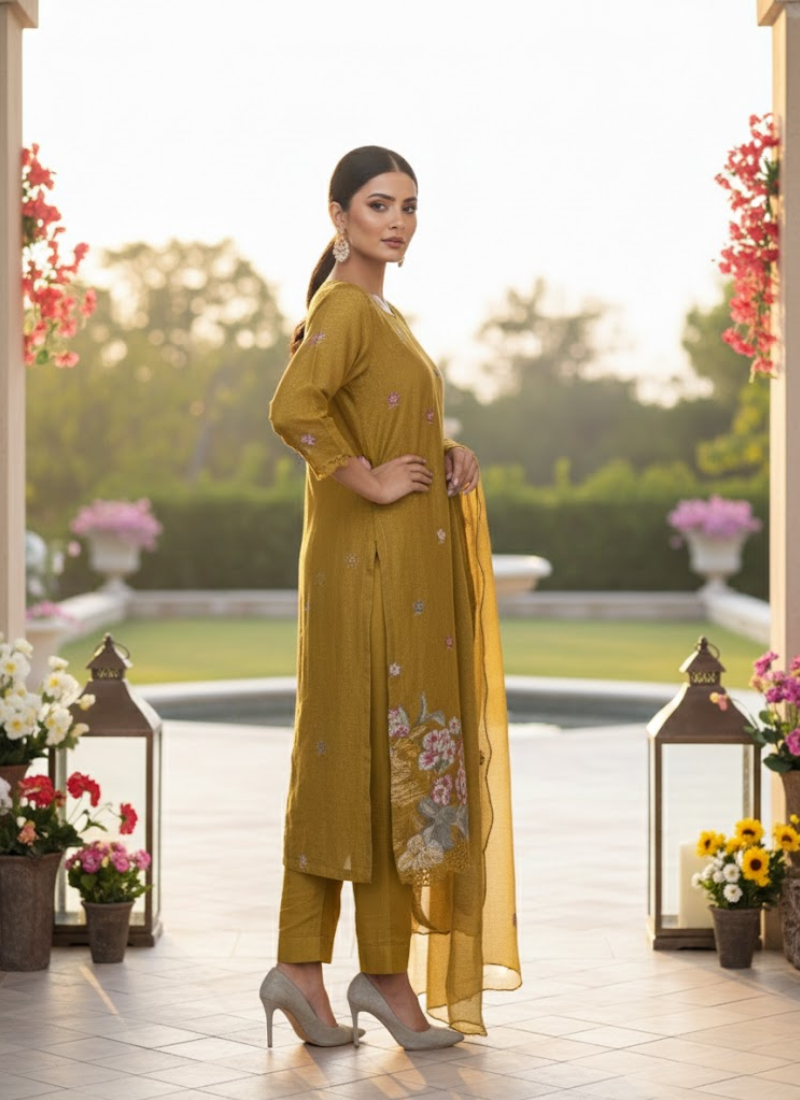 Crepe Silk Salwar Suit – Gold Yellow with Floral Embroidery