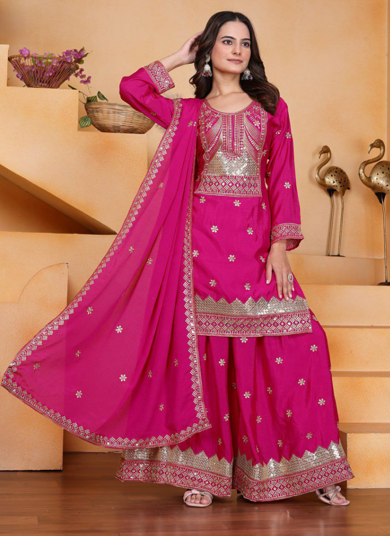 Sharara Suit in Chinon with Sequins Embroidery Work + Dupatta - View 5