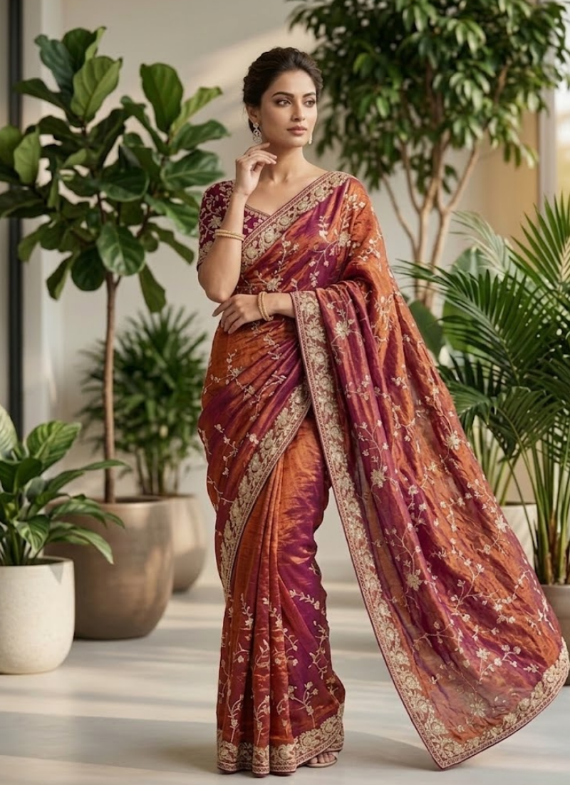 Space Silk Saree – Sequin & Zari Embroidery with Matching Blouse