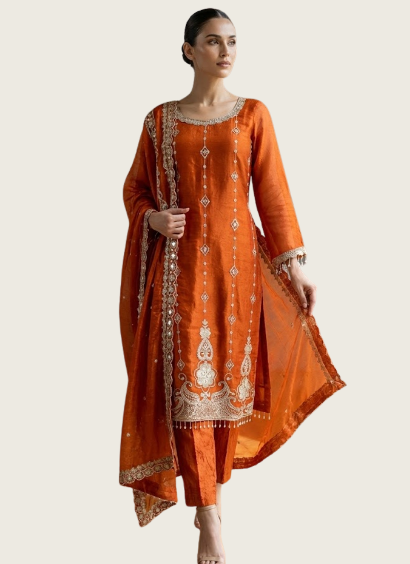 Punjabi Suit in Fendy Silk with Thread & Sequins Embroidery + Cutwork Dupatta