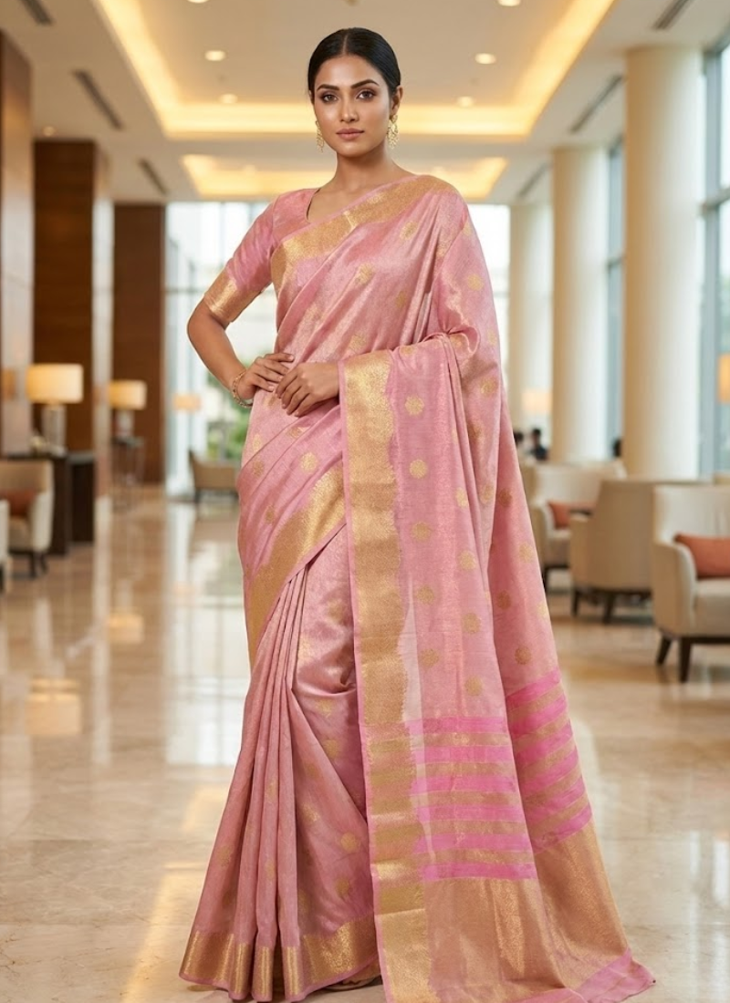 Light Pink Banarasi Tissue Silk Saree