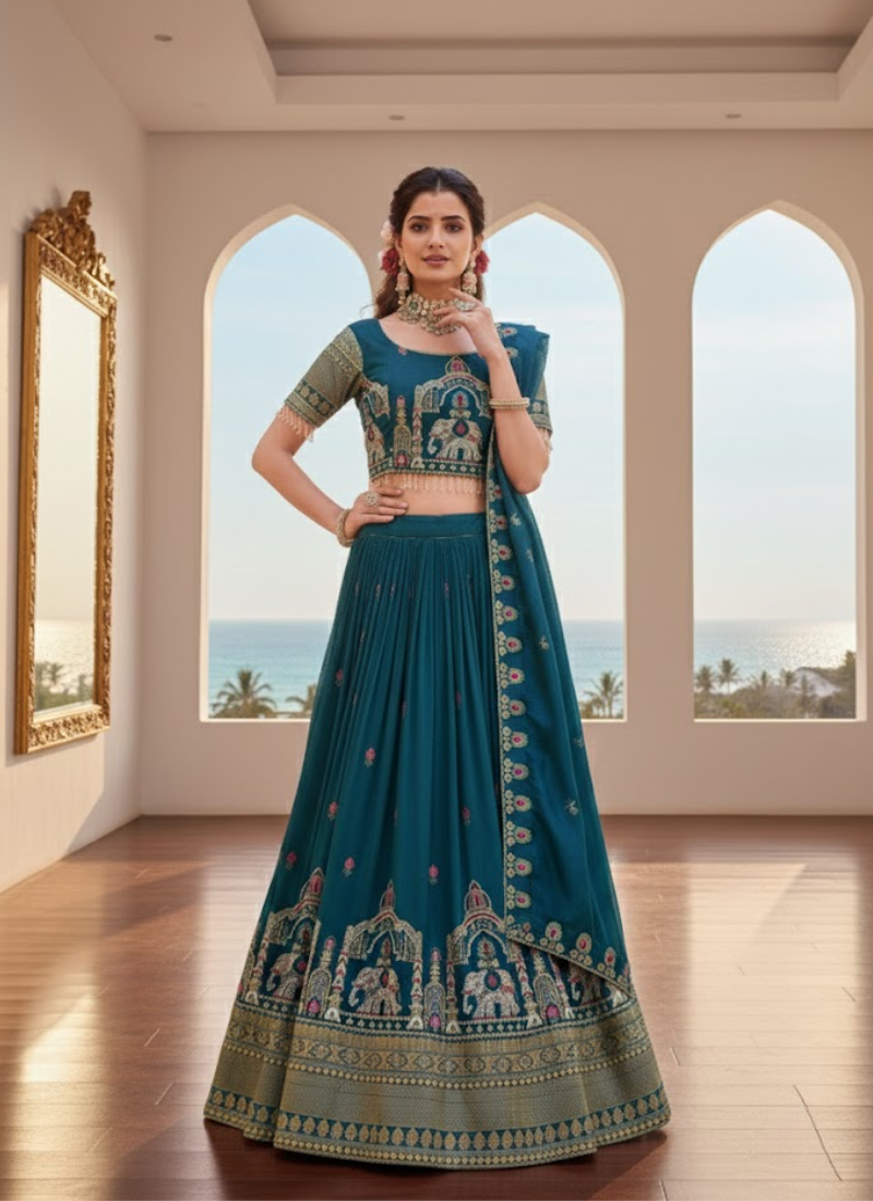 Pure Vichitra Embroidered Lehenga Choli Set