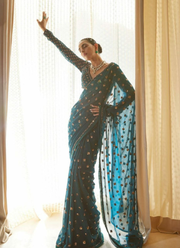 Dark Sea Green Saree in Faux Georgette with Heavy Sequins Embroidery + Silk Blouse 3