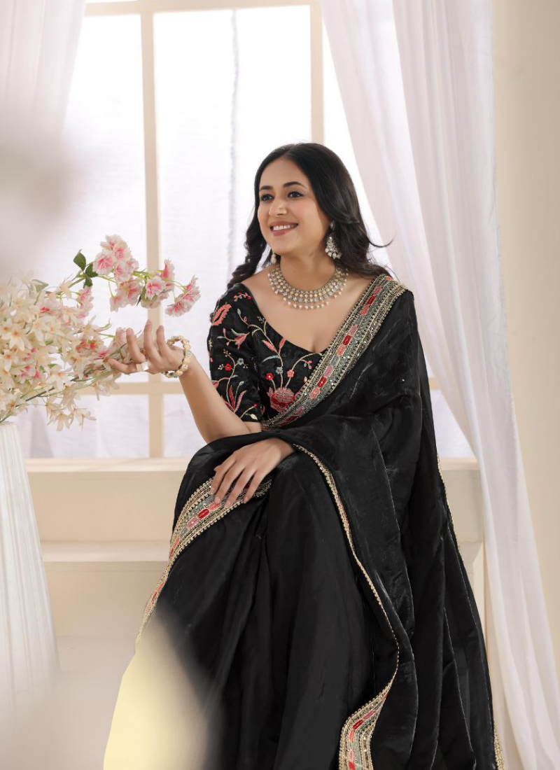 Space Silk Saree with Multicolour Thread & Sequins Embroidery + Blouse Fabric