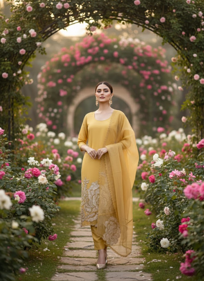 Yellow Gold Silk Organza Salwar Kameez with Cut Work Dupatta