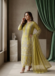 Lemon Yellow Pakistani Salwar Suit – Embroidered Organza with Dupatta 3
