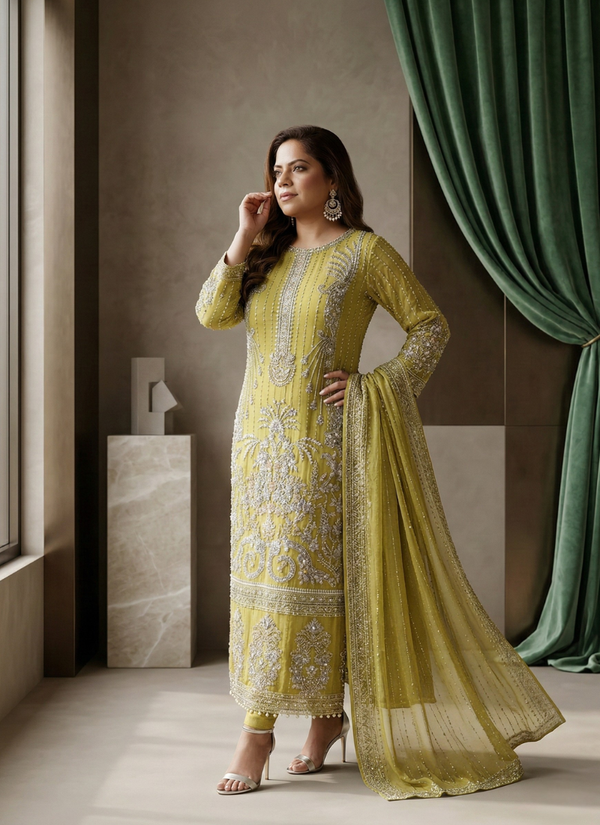 Lemon Yellow Pakistani Salwar Suit – Embroidered Organza with Dupatta - View 2