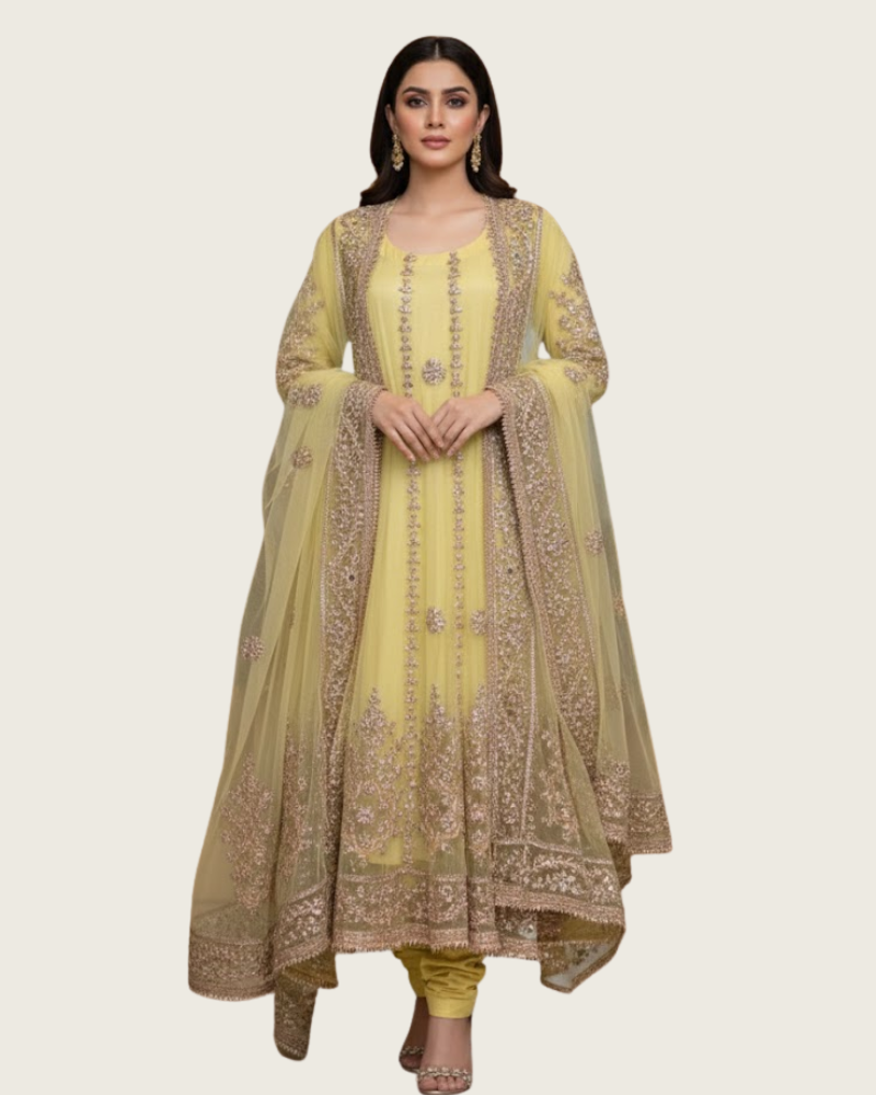 Yellow Net Pakistani Anarkali Dress – Gota Patti Hand Work