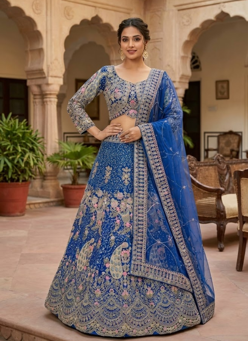 Royal Blue Butterfly Net Lehenga Choli with Sequins & Coding Embroidery + Dupatta
