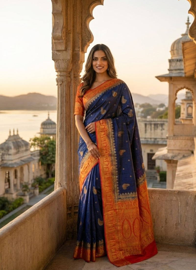 Baluchuri Silk Saree – Navy Blue & Red Border With blouse Piece