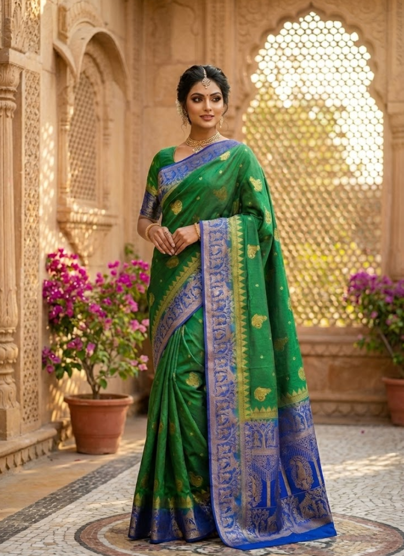 Bangalori Baluchuri Silk Saree – Green & Blue with Blouse Piece