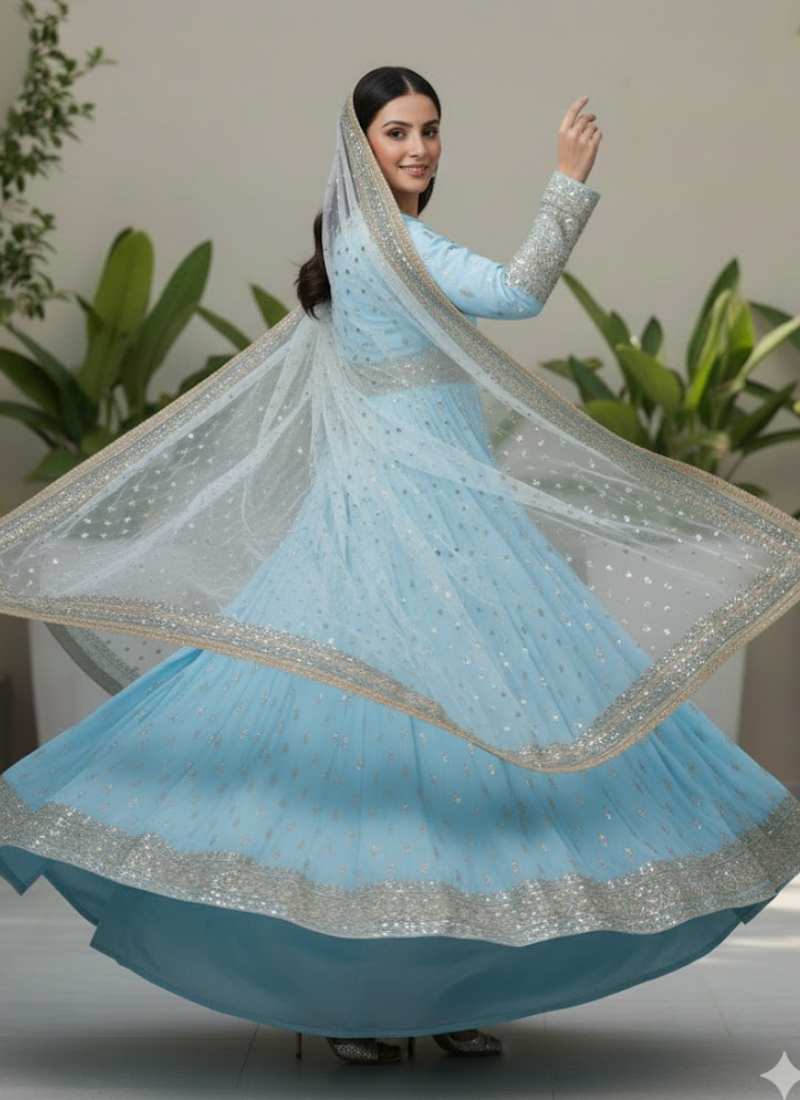 Chinon Silk Embroidered Gown Set with Tassel Sleeves