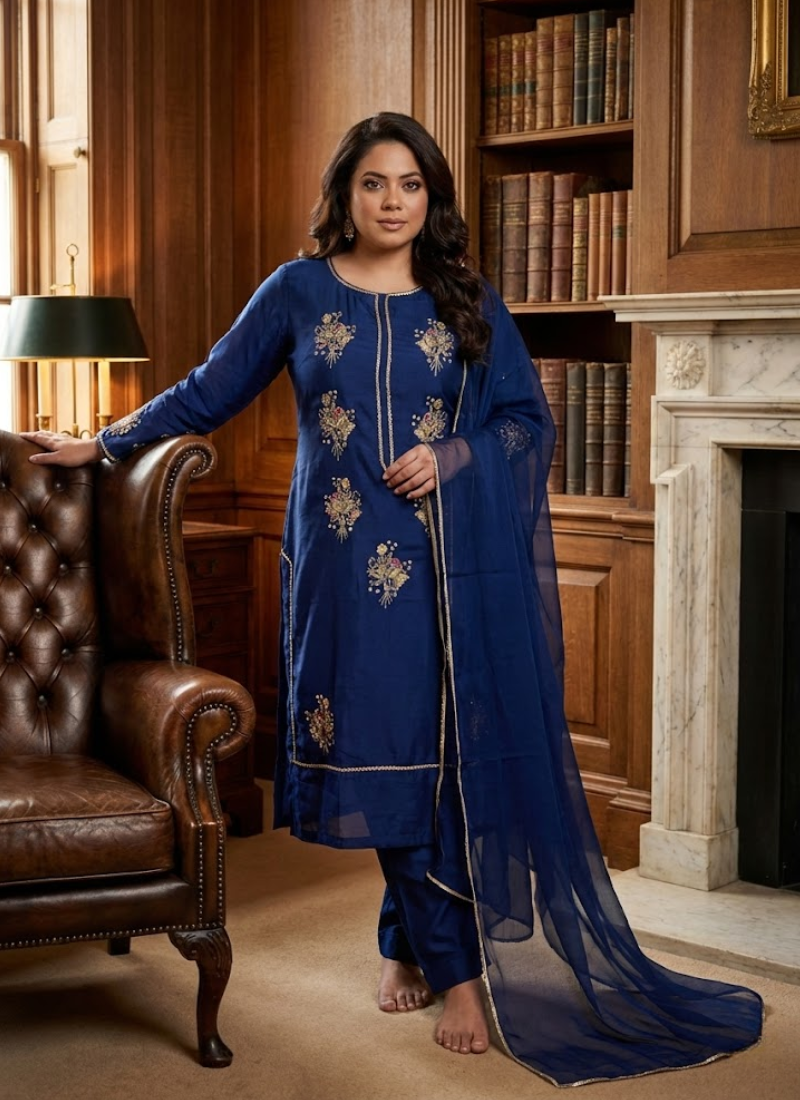 Elegant Indian salwar kameez in navy blue silk fabric, handcrafted embroidery with zari and sequence.