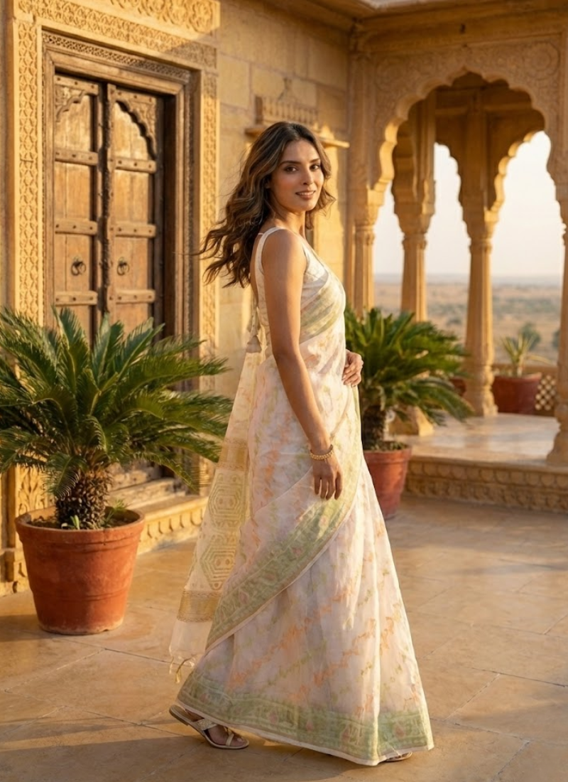 Off-White Jamdani Saree with Mari Thread Work