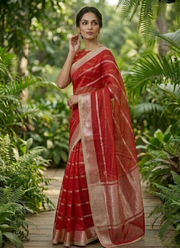 Red Banarasi Organza Saree with Blouse Piece 4