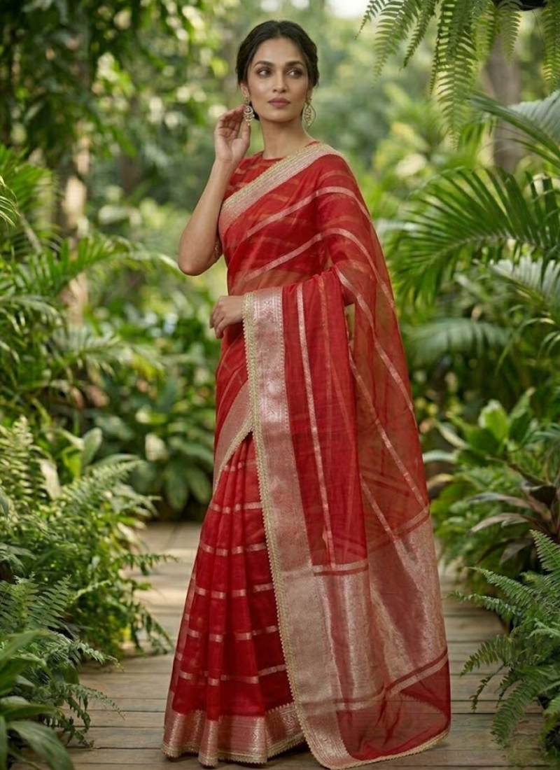 Red Banarasi Organza Saree with Blouse Piece