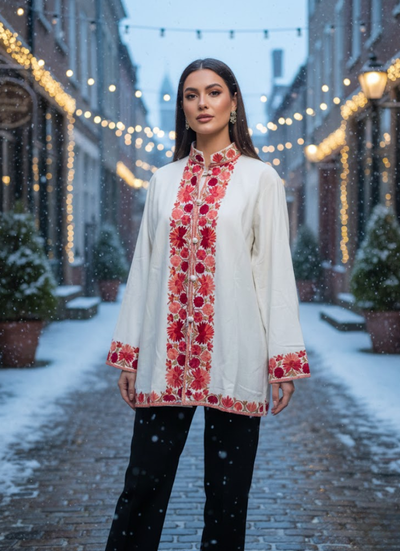 Kashmiri Pashmina Half Coat – Embroidered White