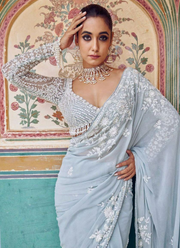 Baby Blue Georgette Saree with Thread Embroidery & Sequins Work + Blouse Piece 5